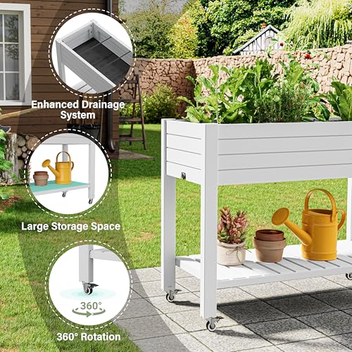 Raised Garden Bed with Shelf, Rolling Resin Planter Box, Ashen - color: Ashen, size: 33.7" H