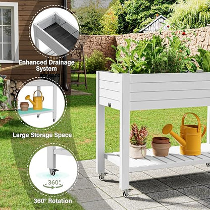Raised Garden Bed with Shelf, Rolling Resin Planter Box, Ashen - color: Ashen, size: 33.7" H
