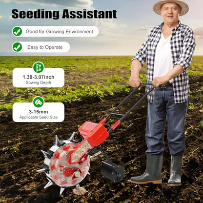 Metal Garden Push Seeder, Manual Walk-Behind Row Crop Planter with 10 Nozzles, Hand Push Seeder and Fertilizer Applicator for Corn Soybean Peanut Cotton, Adjustable Depth, 16cm Spacing