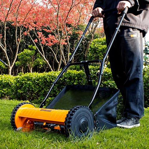 Walensee 16-Inch 5-Blade Push Reel Lawn Mower, Cordless Manual Reel Lawn Mower Walk-Behind Steel Lawn Mowers with Removable 7.9-Gallon Grass Catcher, Sponge Grip, 4-Position Cutting Height Adjustment - size: 16-Inch With Catcher