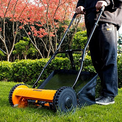 Walensee 16-Inch 5-Blade Push Reel Lawn Mower, Cordless Manual Reel Lawn Mower Walk-Behind Steel Lawn Mowers with Removable 7.9-Gallon Grass Catcher, Sponge Grip, 4-Position Cutting Height Adjustment - size: 16-Inch With Catcher