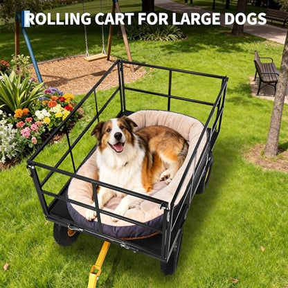 Heavy Duty 1500 lbs Steel Garden Cart, 3-in-1 Outdoor Utility Wagon with Removable Mesh Sides, 13" All-Terrain Wheels, 180° Rotating Handle for Lawn, Backyard, Farm & Gardening - color: Black
