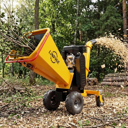 Wood Chipper 420cc 15 HP Gas Powered Engine Wood Chipper Shredder Mulcher with E-Strat 4Wheels Towbar Tail Light Emergency Stop Switch (6'' Yellow) - size: 6'' Yellow
