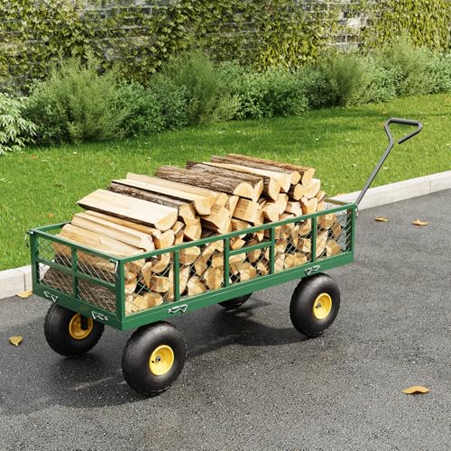 Garden Dump Cart with Removable Sidewalls, 900 LBS Heavy Duty Steel Dump Wagon with 180° Swivel Handle & 10-inch Tires, Yard Cart Utility Wheelbarrow for Backyard Farm, Green