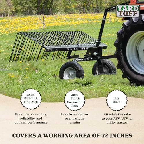 Yard Tuff 72 Inch Durable Steel Rake, Wheels, Lift Handle & Hitch for ATV, UTV, or Tractor - size: 72 Inch