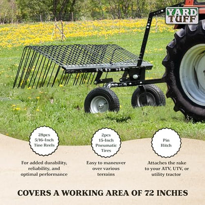 Yard Tuff 72 Inch Durable Steel Rake, Wheels, Lift Handle & Hitch for ATV, UTV, or Tractor - size: 72 Inch