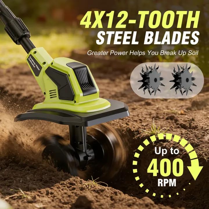 Cordless Tiller Cultivator, 21V Lightweight Tiller forGardening with 2 * Batteries, Brushless Electric Tiller with48 Steel Tines, 400RPM, 9.5" Tilling Width, 7" Depth forGardening, Soil Turning