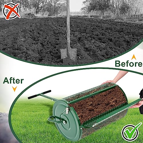 Hiboom 24 Inch Compost Spreader, Peat Moss Spreader, Manure Roller with Adjustable T Shaped Handle, Lightweight Metal Mesh for Lawn Garden Spreading Manure Topsoil (Green) - color: Green, size: 15.7 x 24 Inch