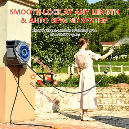 Retractable Garden Hose Reel, 5/8 in x 50 ft Heavy Duty Wall Mount Water Hose Reel with Reinforced Bracket & 9-Pattern Metal Nozzle, Any Length Lock, Slow Retraction and 180 Swivel - size: 5/8" 50FT