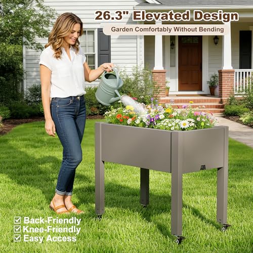 Raised Garden Bed with Wheels, Resin Elevated Planter Box, Gray - color: Gray, size: 26.3" H