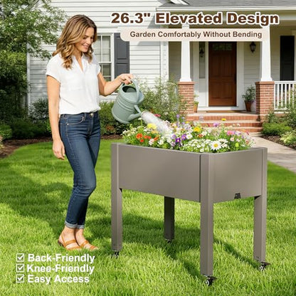Raised Garden Bed with Wheels, Resin Elevated Planter Box, Gray - color: Gray, size: 26.3" H