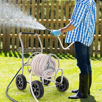 VEVOR Hose Reel Cart, Hold Up to 250 ft of 5/8’’ Hose, Garden Water Hose Carts Mobile Tools with 4 Wheels, Heavy Duty Powder-Coated Steel Outdoor Planting with Storage Basket, for Garden, Yard, Lawn - size: 250 ft
