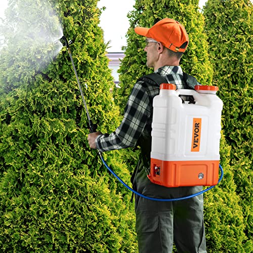 VEVOR 4 Gallon Battery Powered Backpack Sprayer with Wheeled Cart, Adjustable 0-94 PSI, 13FT Hose, 6 Nozzles, 2 Wands Included, Wide Mouth Lid for Weeding, Cleaning, Long Spray Time Without Fatigue - size: 4 Gal with Cart