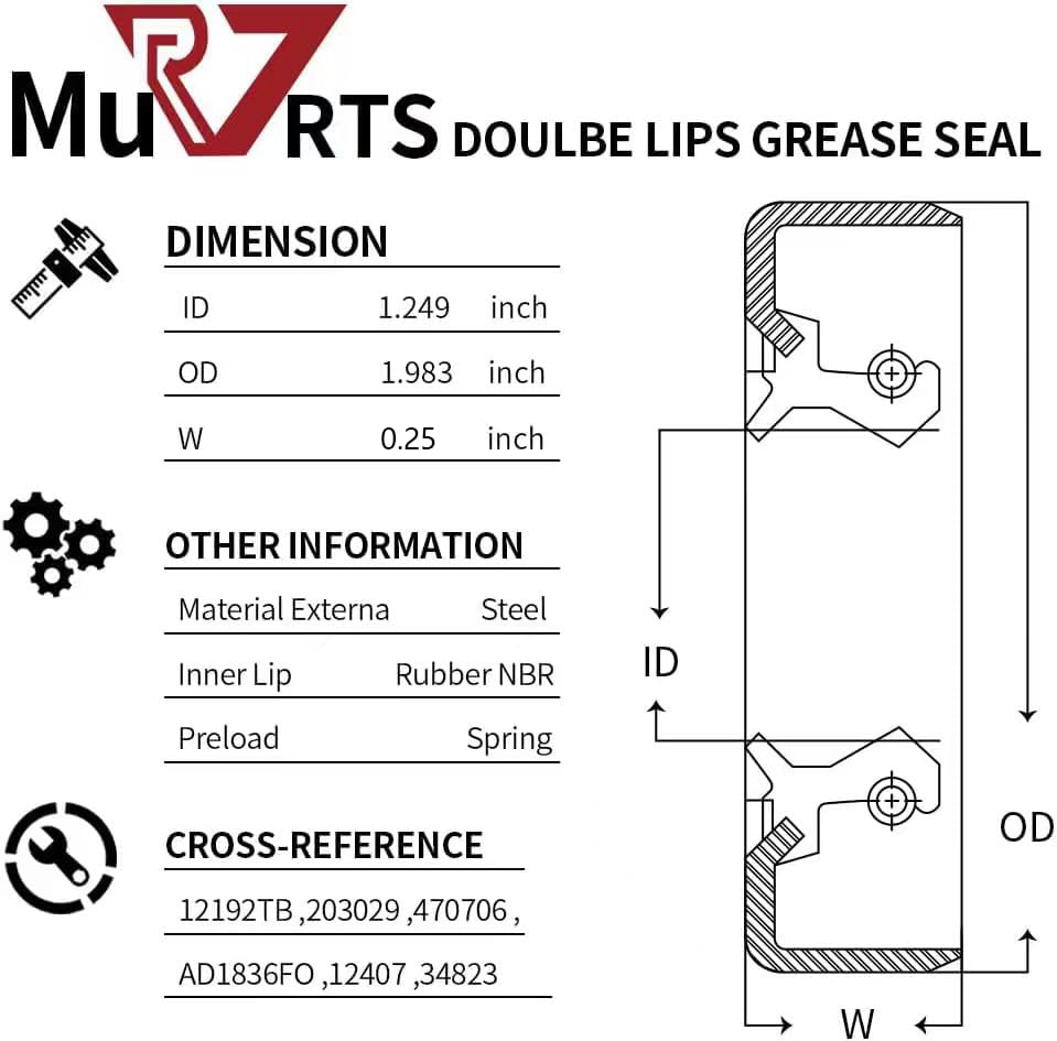 RV Murts 4 Double Lip Grease Seals ID 1.249" x OD 1.983" for 2000-2200 lbs Trailer Axle Dexter Replacement, Sealer as 12192TB 203029 for Spindles Hub Wheel, Electric Brake Assemblies for Boat Trailers - size: ID 1.249''x OD1.983''