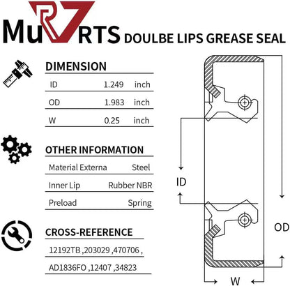 RV Murts 4 Double Lip Grease Seals ID 1.249" x OD 1.983" for 2000-2200 lbs Trailer Axle Dexter Replacement, Sealer as 12192TB 203029 for Spindles Hub Wheel, Electric Brake Assemblies for Boat Trailers - size: ID 1.249''x OD1.983''