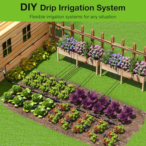 MIXC Greenhouse Micro Drip Irrigation Kit Automatic Irrigation System Patio Misting Plant Watering System with 1/4 inch 1/2 inch Irrigation Tubing Hose Adjustable Nozzle Emitters Barbed Fittings - size: (Upgraded) 26FT Main Tube+75FT 1/4'' Tube