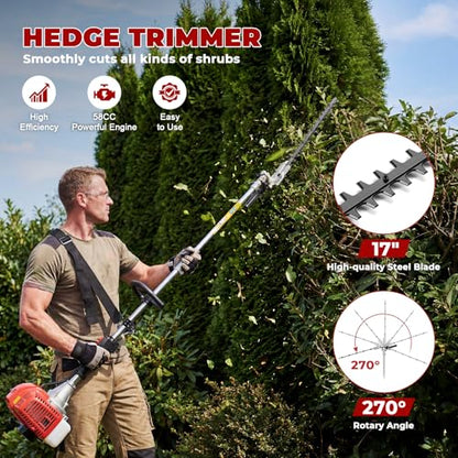 58CC 2-Cycle Gas String Trimmer, 6-in-1 Weed Wacker & Brush Cutter Tool Kit - color: Red-A