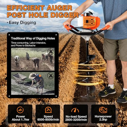 Gas Powered Earth Auger, 52cc 2-Stroke Post Hole Digger with 4", 6", 8" Bits & 12" Extension Bar, Heavy Duty Posthole Diggers for Earth Burrowing Drilling & Post Hole Digging