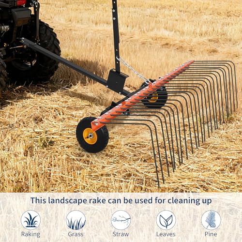 60 Inch Tow Behind Lawn Dethatcher, Tow Behind Steel Pine Straw Rake - color: Orange