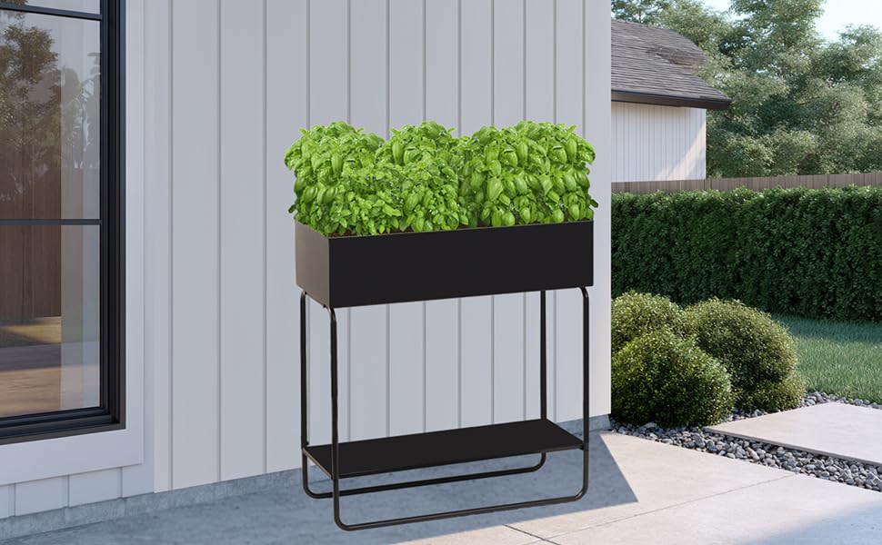 Mofesun Metal Raised Garden Bed, 23.6W x 9.8D x 25.6H inches, with Storage Shelf, Powder Coated Planter Box, Floor Standing, Indoor and Outdoor