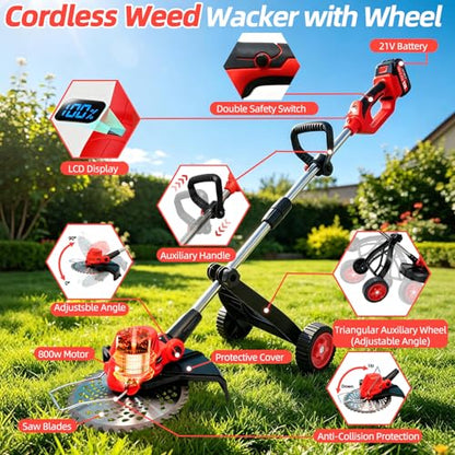 Cordless Weed Wacker with 2 x 4.0Ah Batteries and Wheel - color: Red