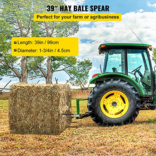 Vevor Hay Spear 39" Bale Spear 3600 lbs Capacity, Bale Spike Quick Attach Square Hay Bale Spears 1 3/4", Black Coated Bale Forks, Bale Hay Spike with Hex Nut and Sleeve for Buckets Tractors Loaders - size: 39"