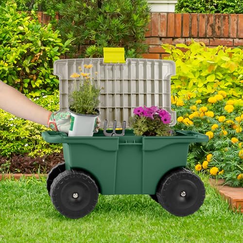 Rolling Garden Cart with Seat - Plastic Storage with Bench and Interior Tool Tray - Gardening Stool for Weeding and Planting By Pure Garden (Green) - color: Dark Green/Black/Grey