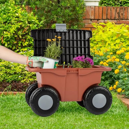 Pure Garden Rolling Garden Cart with Seat, Terracotta - color: Terracotta