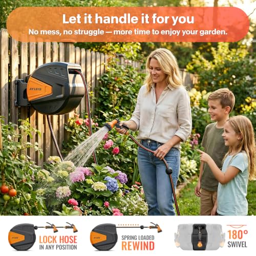 Ayleid Retractable Rubber Hybrid Garden Hose Reel, 1/2"x130ft Wall Mount - color: Deep Black, size: 130FT