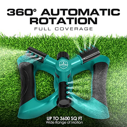 Joeys Sprinkler for Yard, Rotating Garden Sprinkler with 3 Adjustable Arms, Weighted Base, Expandable Connection, Lawn and Yard Sprinklers (Green) - color: GREEN
