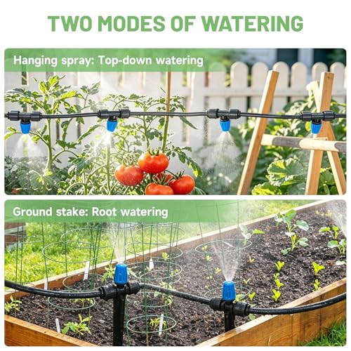 Riboud 110FT Drip Irrigation Kit, Quick-Connect Garden Watering System with 20 Adjustable Misting Nozzles for Garden Greenhouse, Hanging Plants, Raised Beds - size: 110FT