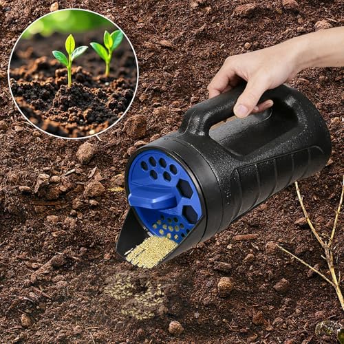 Adjustable Handheld Seed Shaker – Hand Spreader - 90oz Capacity Multi-Purpose Spreader for Fertilizer, Grass Seed, Ice Melt & Lawn Care - color: Blue