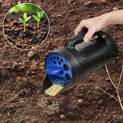 Adjustable Handheld Seed Shaker – Hand Spreader - 90oz Capacity Multi-Purpose Spreader for Fertilizer, Grass Seed, Ice Melt & Lawn Care - color: Blue