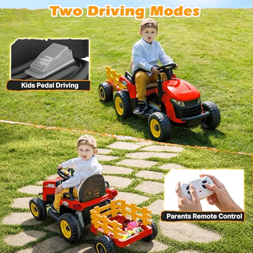 ARBELI 12V 7AH Kids Ride On Tractor w/Trailer & Remote Control, Red - color: Red