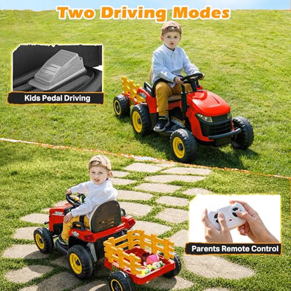 ARBELI 12V 7AH Kids Ride On Tractor w/Trailer & Remote Control, Red - color: Red