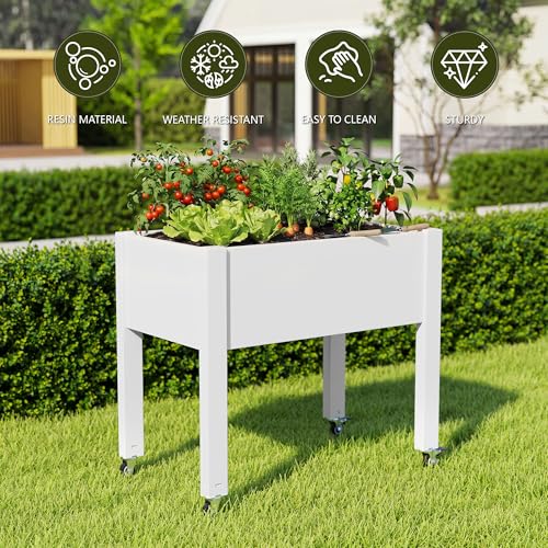 Raised Garden Bed with Wheels, Resin Elevated Planter Box, White - color: Medium Ashen, size: 26.3" H