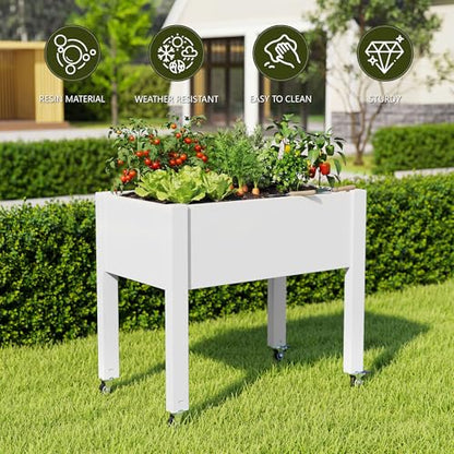 Raised Garden Bed with Wheels, Resin Elevated Planter Box, White - color: Medium Ashen, size: 26.3" H
