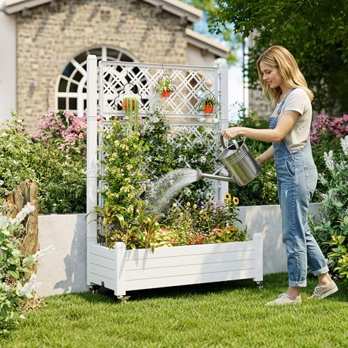 Trellis Raised Garden Bed, Self-Watering Planter Box, Ashen - color: Ashen, size: 61.2" H