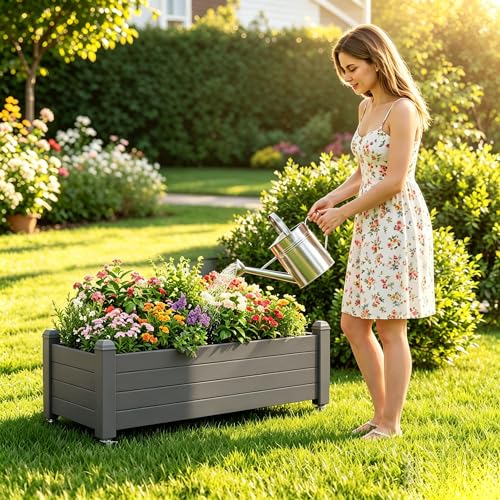 Raised Garden Bed with Wheels, Rolling Resin Planter Box, Gray - color: Gray, size: 13.3" H
