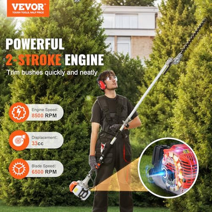 VEVOR 33CC 5-in-1 Multi-Functional Trimming Tools, Gas Hedge Trimmer, Weed Eater, String Trimmer, Brush Cutter, Edger, Pole Saw Chainsaw Pruner with Extension Pole - size: 33cc