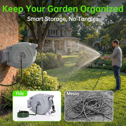 Retractable Garden Hose Reel, Wall Mounted 100 FT 5/8inch Water Hose Reel | Any-length Lock, 11s Upgraded Auto Rewind, 9 Spray Modes, 180° Swivel for Watering, Car Washing and Outdoor Use - color: Gray