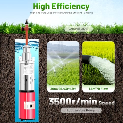 Deep Well Submersible Pump, DC 12V 180W Stainless Steel Water Pump, 396.26gal/h Flow, 65.6ft Lift Electric Powered Water Pump Kits for Farm Ranch Irrigation