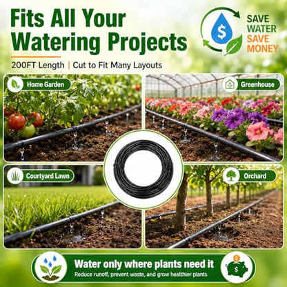 1/4 Drip Irrigation Tubing 200FT, Built-in 0.5 GPH Emitters, 6 Inch Spacing - size: 200FT