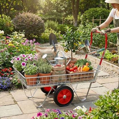 Utility Garden Cart Wagon, Heavy Duty Mesh Steel Garden Cart with Wheels Rolling Storage Trolley for Outdoor Patio Yard Lawn and Gardening Tools