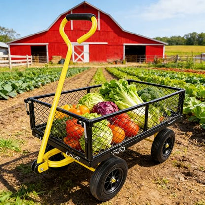 Heavy Duty Steel Garden Cart, Metal Utility Wagon Cart with Handle and Solid No-Flat Tires, 2-in-1 Convertible Flatbed Wagon with Removable Sides for Farm, Yard, Beach, Black+Yellow - color: Black+yellow