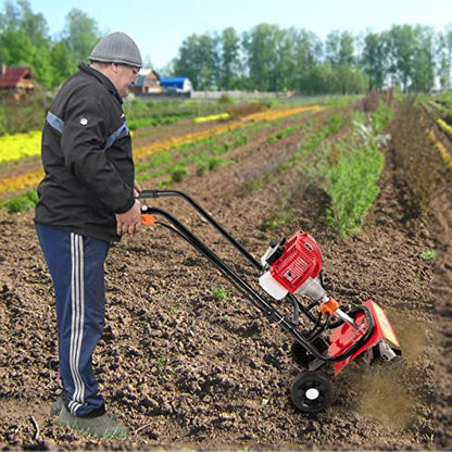 52CC Tiller Cultivator, 2-Stroke Mini Gas Powered Rototiller with Wheels, 6500RPM Garden Tiller for Soil Cultivation, Weeding & Lawn Care, 36cm Tilling Width