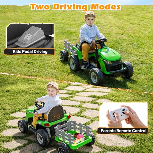ARBELI 12V 7AH Kids Ride On Tractor w/Trailer & Remote Control, Green - color: Green