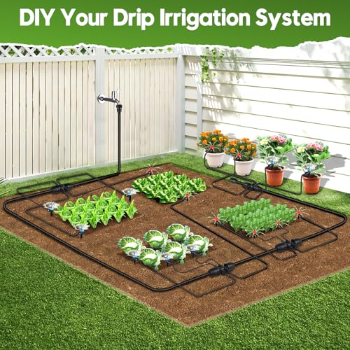 110FT Drip Irrigation System for Garden, Quick-Connect Automatic Garden Watering System with 1/2" & 1/4" Tubing and Accessories - Adjustable Sprinklers Kit for Greenhouse, Yard, Lawn, Raised Bed - size: 110FT（17FT 1/2" Main Line +93FT 1/4" Tube）