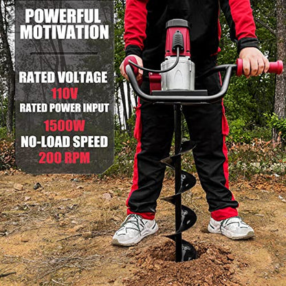 JACKCHEN 1500W Electric Post-Hole Digger with 6-Inch Auger Bit, Earth Auger Drill, Auger Bit Earth Auger, Ideal for Post Hole Digging, Drilling, Tree Planting, Red - color: Red, style: 1500W+6"Auger Drill, Red