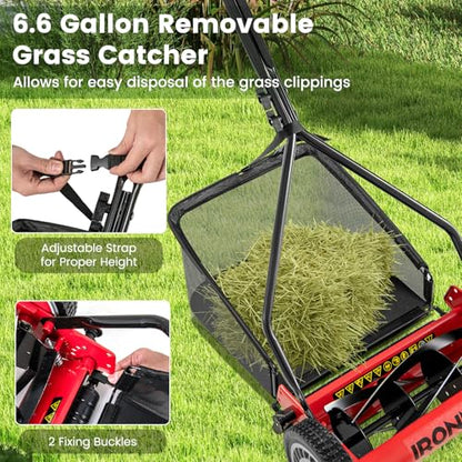 IRONMAX 14 Inch 5-Blade Push Reel Mower, Removable Grass Catcher, Red - color: Red, size: 14 Inch